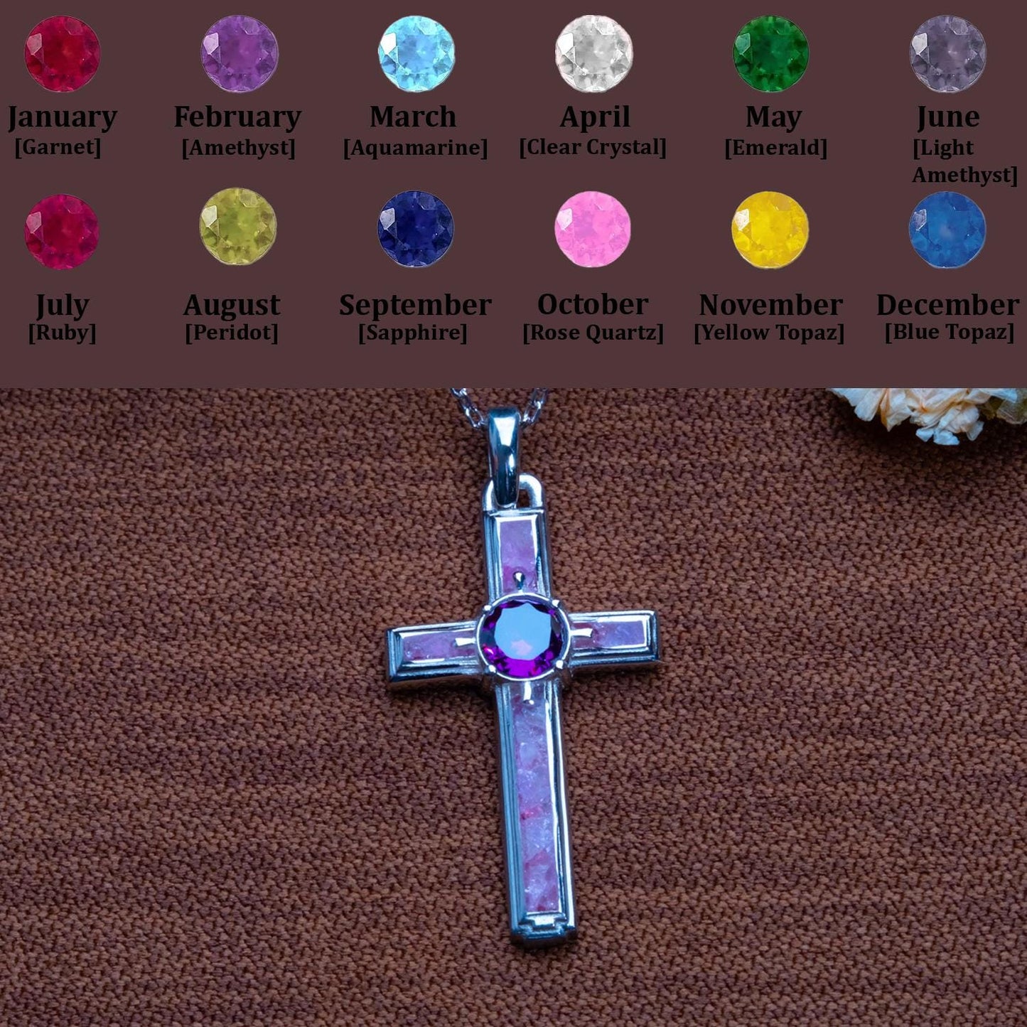 Dainty Amethyst Cross Necklace: Sterling Silver, Birthstone Charm