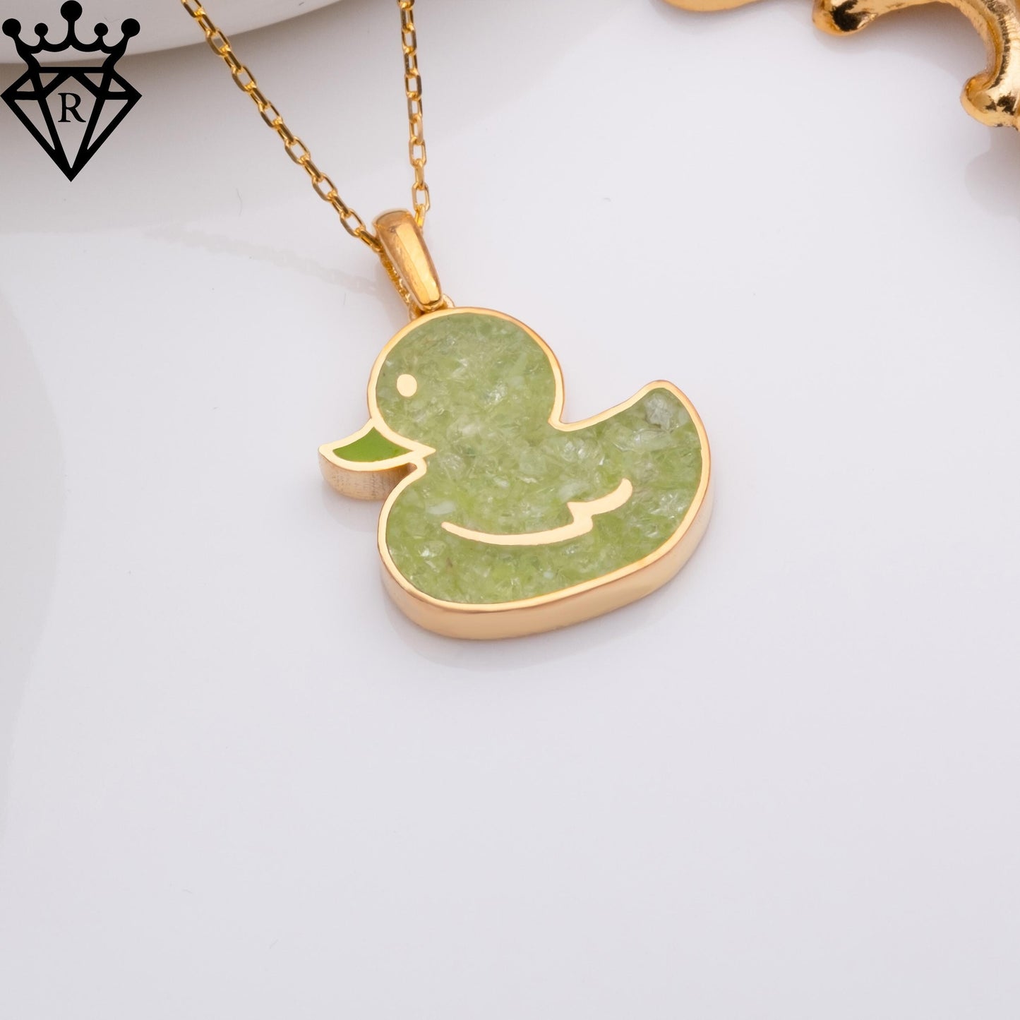 Peridot Duck Pendant Necklace: 14K Gold Plated Sterling Silver Animal Jewelry
