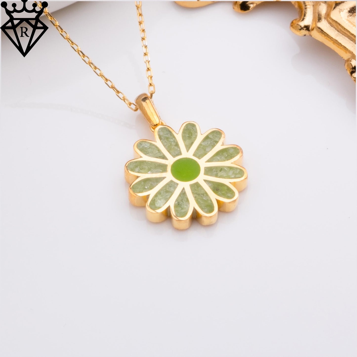 Peridot Daisy Necklace: 14K Gold Plated Sterling Silver Flower Pendant