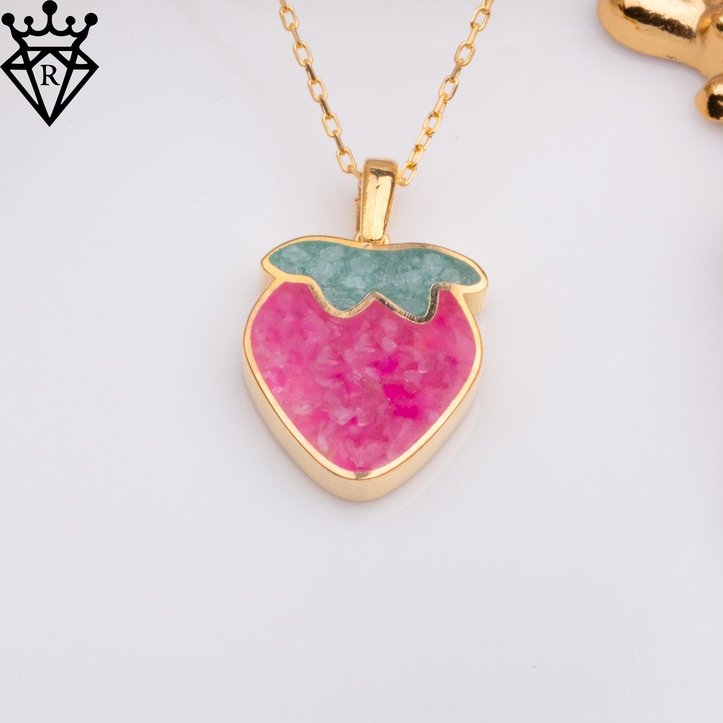 Pink Agate Strawberry Necklace: 14K Gold Plated Silver Aventurine Leaf Pendant