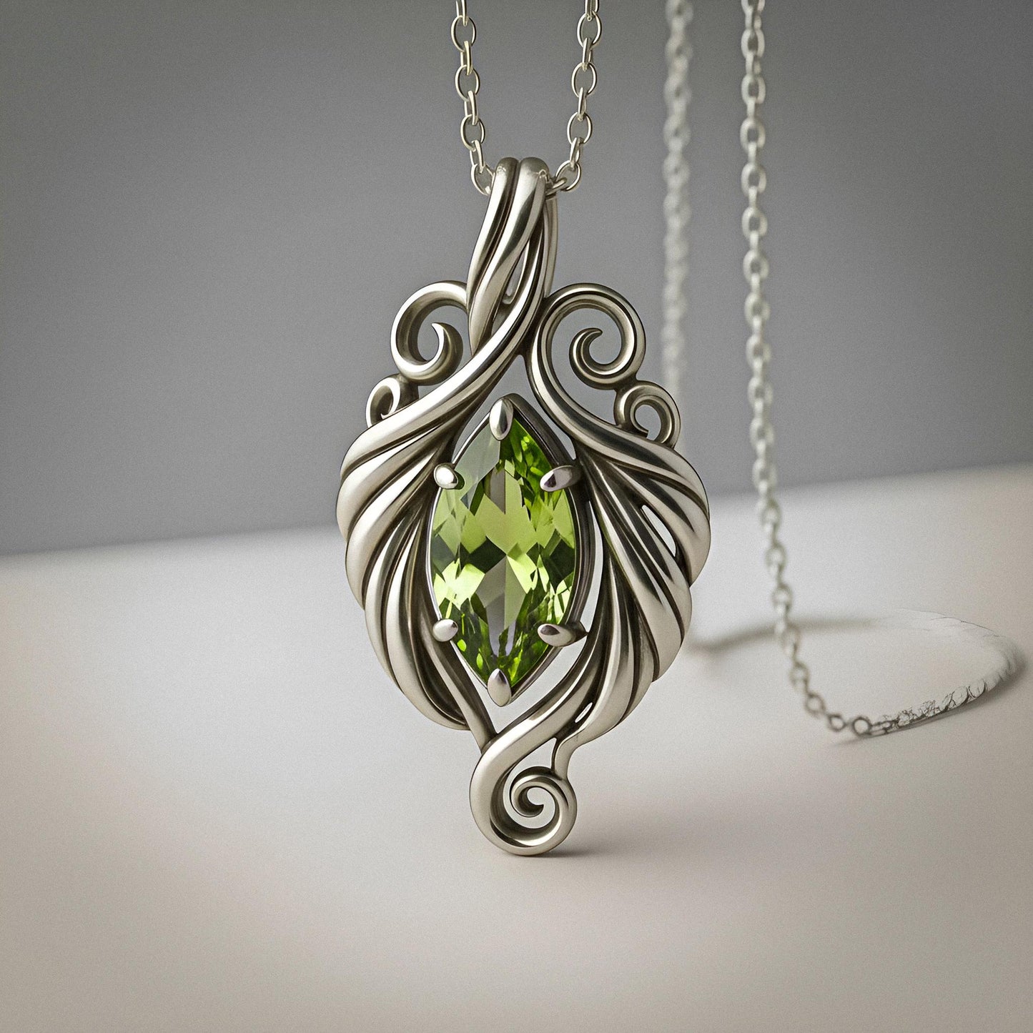 Elven Peridot Necklace | 925 Sterling Silver Women | Fantasy Leaf Filigree Design | Meaningful Gift for Nature Lovers