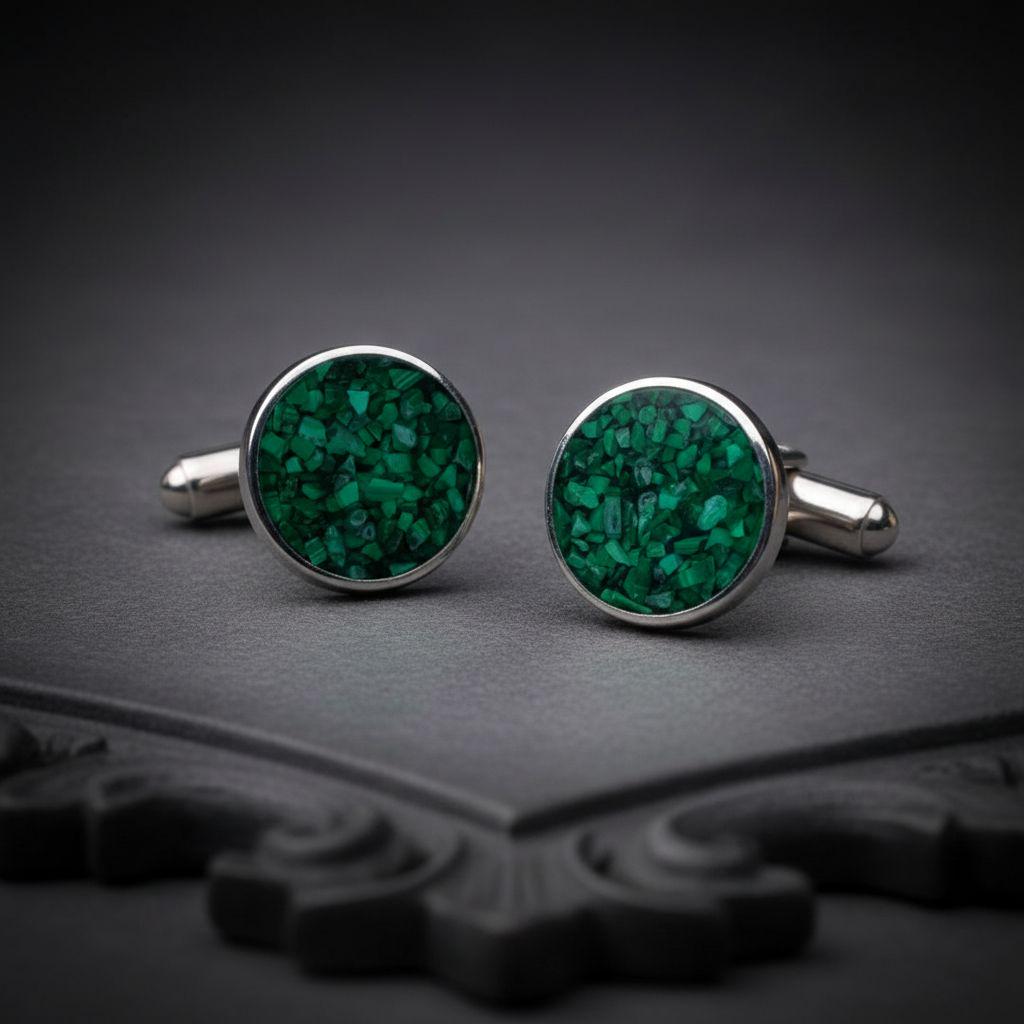 Personalized Malachite Stone Cufflinks | 925 Sterling Silver Mens Jewelry | Minimalist Vintage Gothic Style | Wedding and Anniversary Gift
