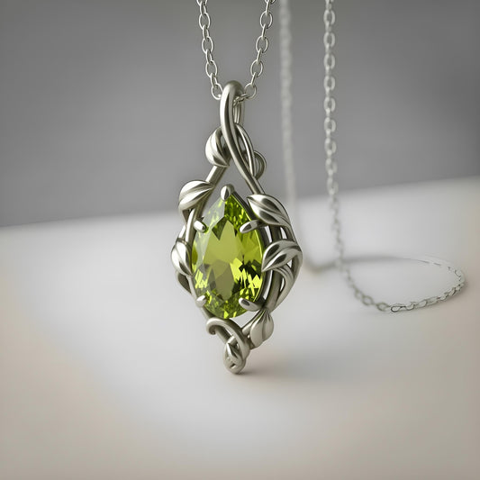 Close-up of handmade Peridot Teardrop Necklace | 925 Sterling Silver Gold Plated Pendant | Elven Nature Vine Jewelry | Unique Gift for Her