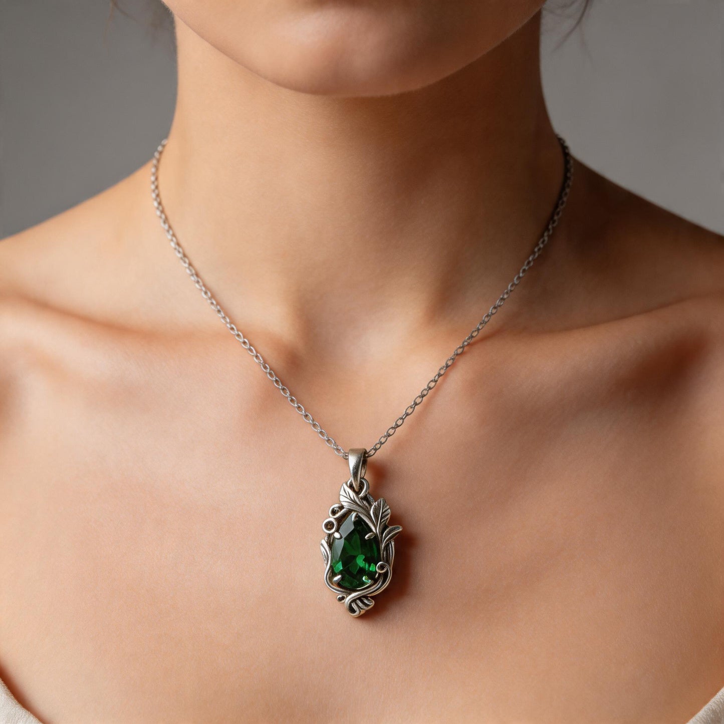 Emerald Teardrop Necklace | Gold Plated Sterling Silver Pendant | Gothic Romantic Vintage Fantasy Jewelry | Anniversary Gift for Her