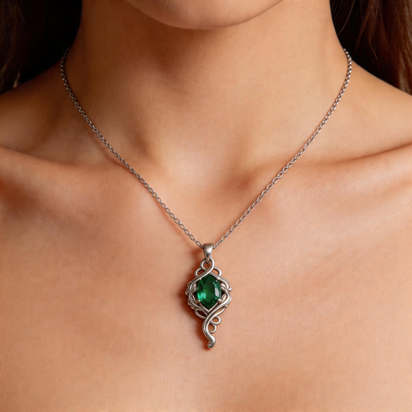 Marquise Emerald Necklace | 925 Sterling Silver Elven Pendant | Soft Gothic Vintage Botanical Jewelry | Gift for Nature Lovers