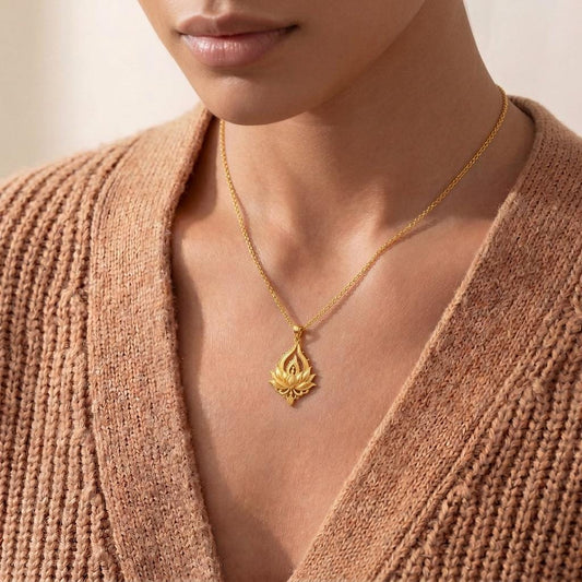 Close-up of handmade Lotus Flame Necklace | 925 Sterling Silver | Spiritual Symbolism | Meaningful Gift