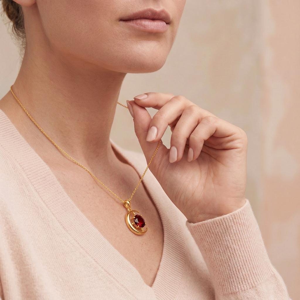 Lunar Eclipse Pendant | Sterling Silver Red Gemstone | Celestial Cosmic Design | Meaningful Gift for Her