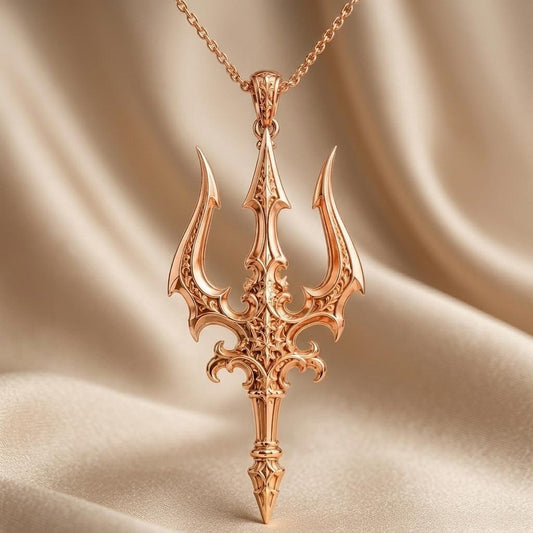 Close-up of handmade Sacred Trident Pendant | 925 Sterling Silver | Mythological Ornate | Strength & Protection Gift