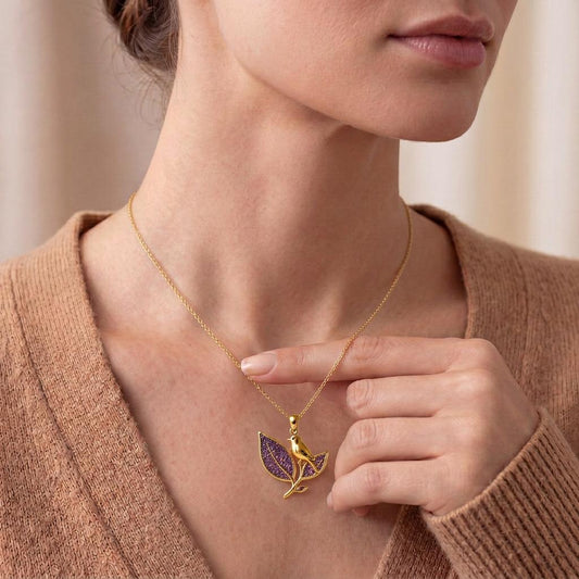 Close-up of handmade Amethyst Druzy Bird Necklace | Gold Plated 925 Silver for Women | Nature Inspired Elegant Design | Thoughtful Gift for Her
