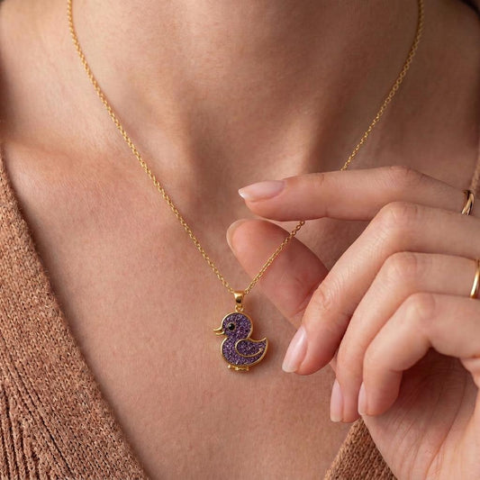 Close-up of handmade Amethyst Druzy Chick Necklace | 925 Sterling Silver for Women | Cute Animal Whimsical Style | Thoughtful Gift for Her