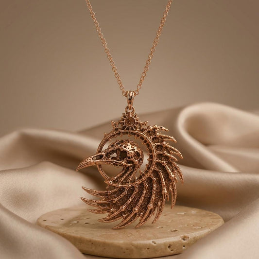 Close-up of handmade Fossil Raven Crest pendant | 925 Sterling Silver | Gothic Steampunk Style | Unique Statement Gift