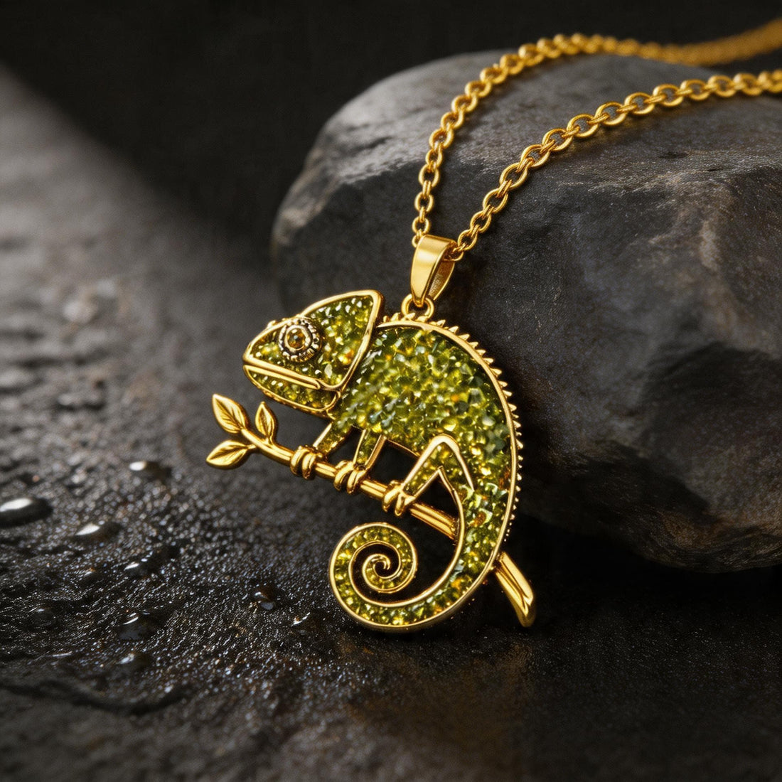Peridot Chameleon jewelry design featured in the Rimossa meaning guide