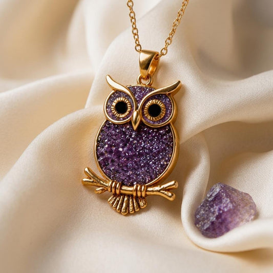 Amethyst Druzy Owl jewelry design featured in the Rimossa meaning guide