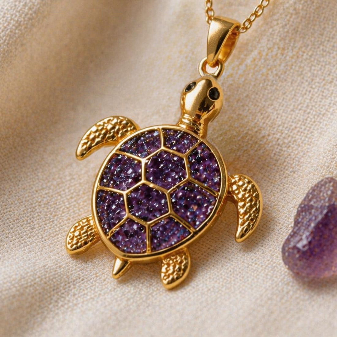 Amethyst Druzy Turtle jewelry design featured in the Rimossa meaning guide