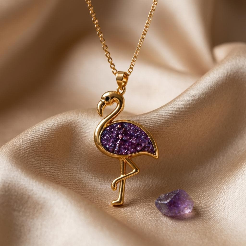 Amethyst Druzy Flamingo jewelry design featured in the Rimossa meaning guide
