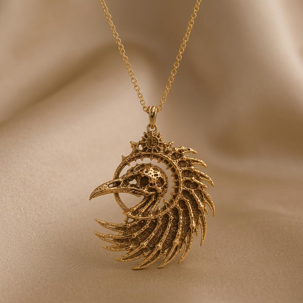 Fossil Raven Crest jewelry design featured in the Rimossa meaning guide