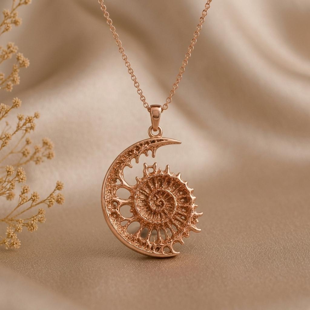 Fossil Necklaces Collection featuring handcrafted sterling silver and gold fossil-inspired pendants based on prehistoric creatures and ancient fossils.