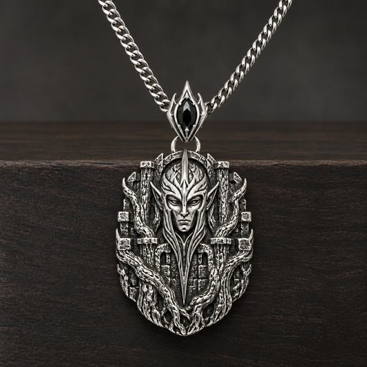 Oxidized 925 sterling silver pendant necklace with curb chain, featuring an elven sentinel face framed by bark-like forest fortress relief and a pointed bail with a dark oval accent.