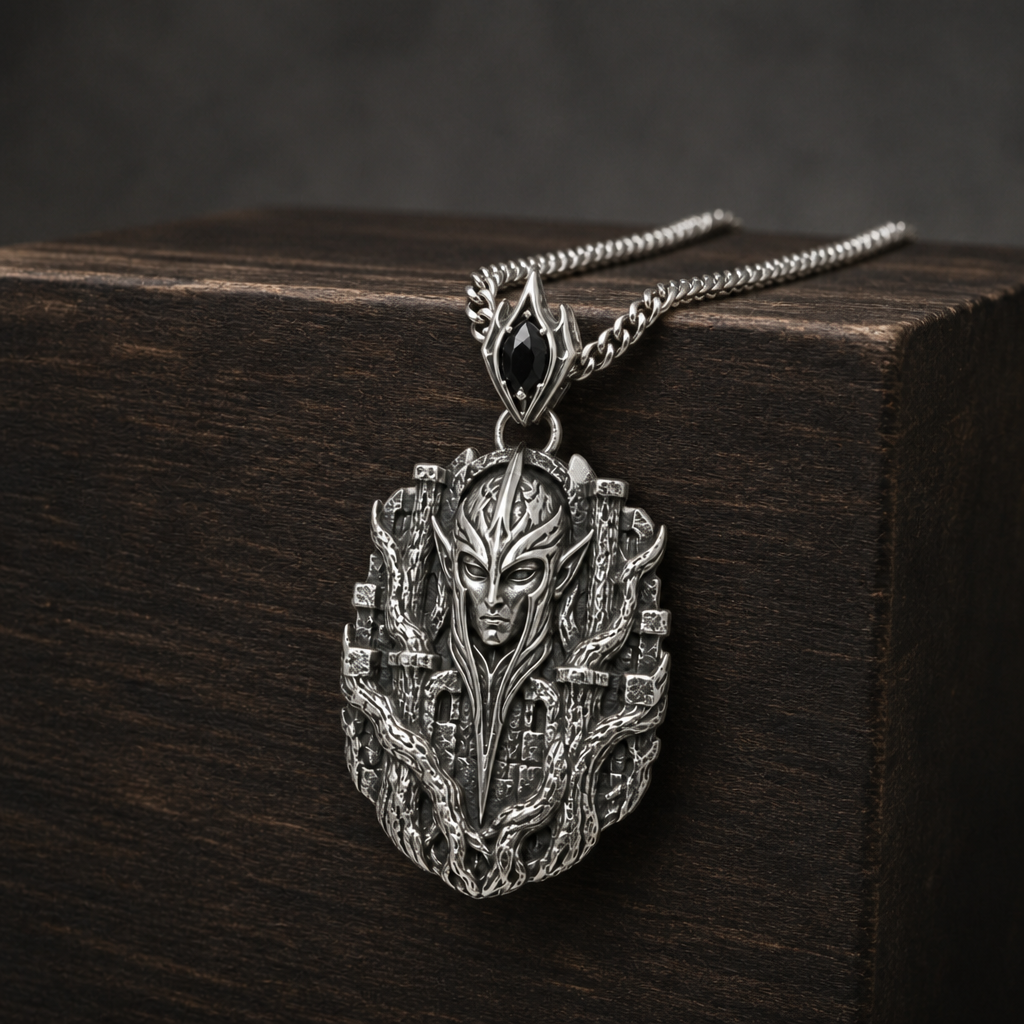 Oxidized 925 sterling silver pendant necklace with curb chain, featuring an elven sentinel face framed by bark-like forest fortress relief and a pointed bail with a dark oval accent.