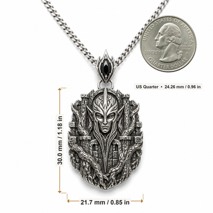 Oxidized 925 sterling silver pendant necklace with curb chain, featuring an elven sentinel face framed by bark-like forest fortress relief and a pointed bail with a dark oval accent.