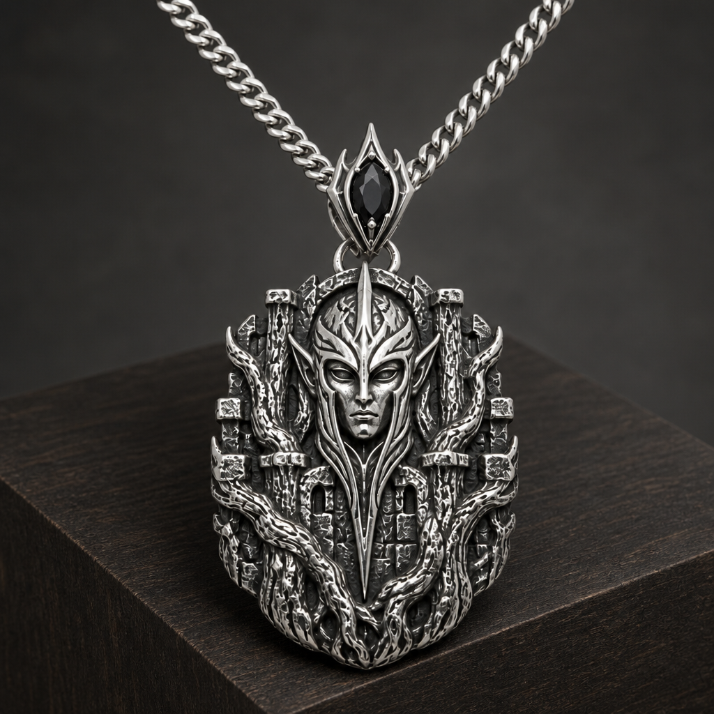 Oxidized 925 sterling silver pendant necklace with curb chain, featuring an elven sentinel face framed by bark-like forest fortress relief and a pointed bail with a dark oval accent.
