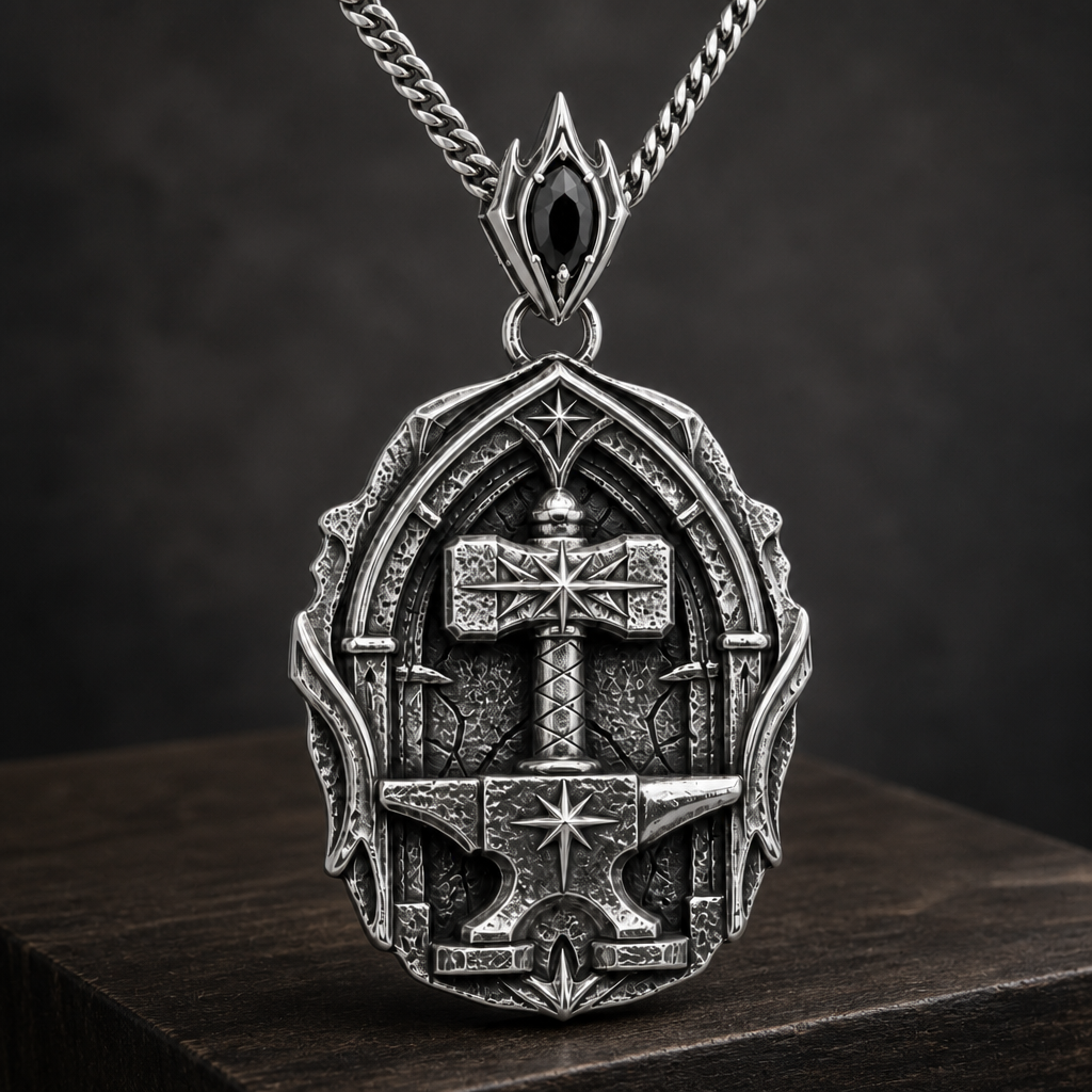 Oxidized 925 sterling silver pendant necklace with a raised hammer, anvil form, star details, arched forge-style frame, and included curb chain.