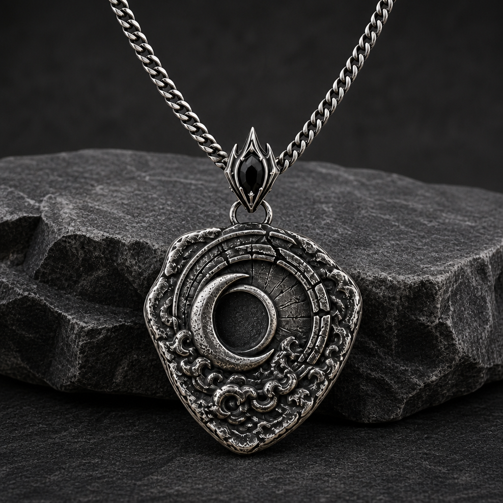 Oxidized 925 sterling silver shield pendant with raised crescent moon, dark circular center, textured relief details, pointed bail, and curb chain on beige fabric.
