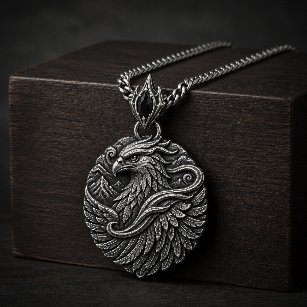 Oxidized 925 sterling silver men's pendant necklace with a raised falcon head, layered feather wings, swirling wind details, mountain relief, ornamental bail and curb chain.