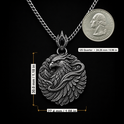 Oxidized 925 sterling silver men's pendant necklace with a raised falcon head, layered feather wings, swirling wind details, mountain relief, ornamental bail and curb chain.