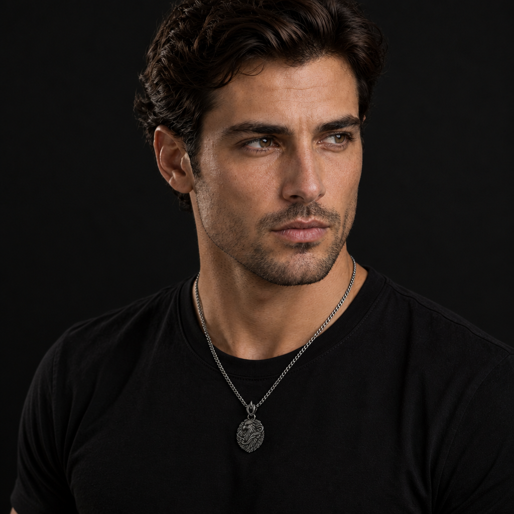 Oxidized 925 sterling silver men's pendant necklace with a raised falcon head, layered feather wings, swirling wind details, mountain relief, ornamental bail and curb chain.