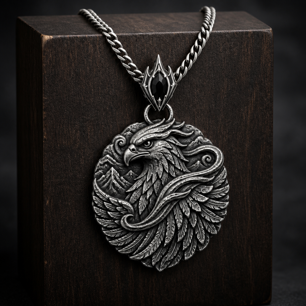 Oxidized 925 sterling silver men's pendant necklace with a raised falcon head, layered feather wings, swirling wind details, mountain relief, ornamental bail and curb chain.