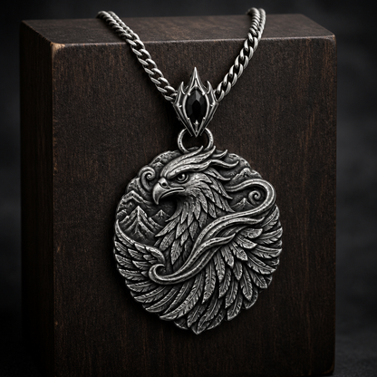 Oxidized 925 sterling silver men's pendant necklace with a raised falcon head, layered feather wings, swirling wind details, mountain relief, ornamental bail and curb chain.