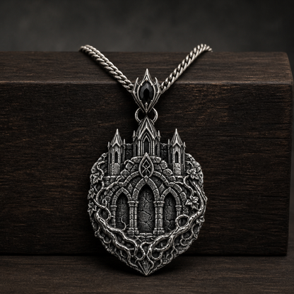 Oxidized 925 sterling silver pendant necklace with a detailed citadel façade, arched masonry relief, pointed towers, ivy-root texture and curb chain on a dark background.