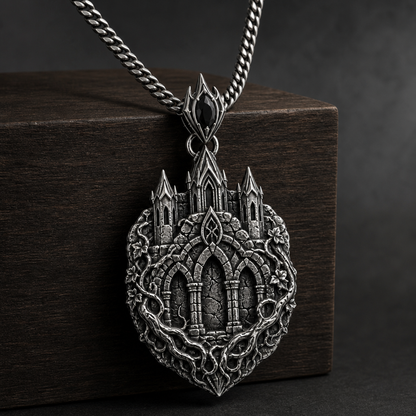 Oxidized 925 sterling silver pendant necklace with a detailed citadel façade, arched masonry relief, pointed towers, ivy-root texture and curb chain on a dark background.