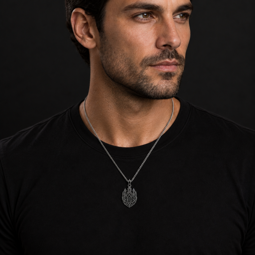 Oxidized 925 sterling silver pendant necklace with a detailed citadel façade, arched masonry relief, pointed towers, ivy-root texture and curb chain on a dark background.