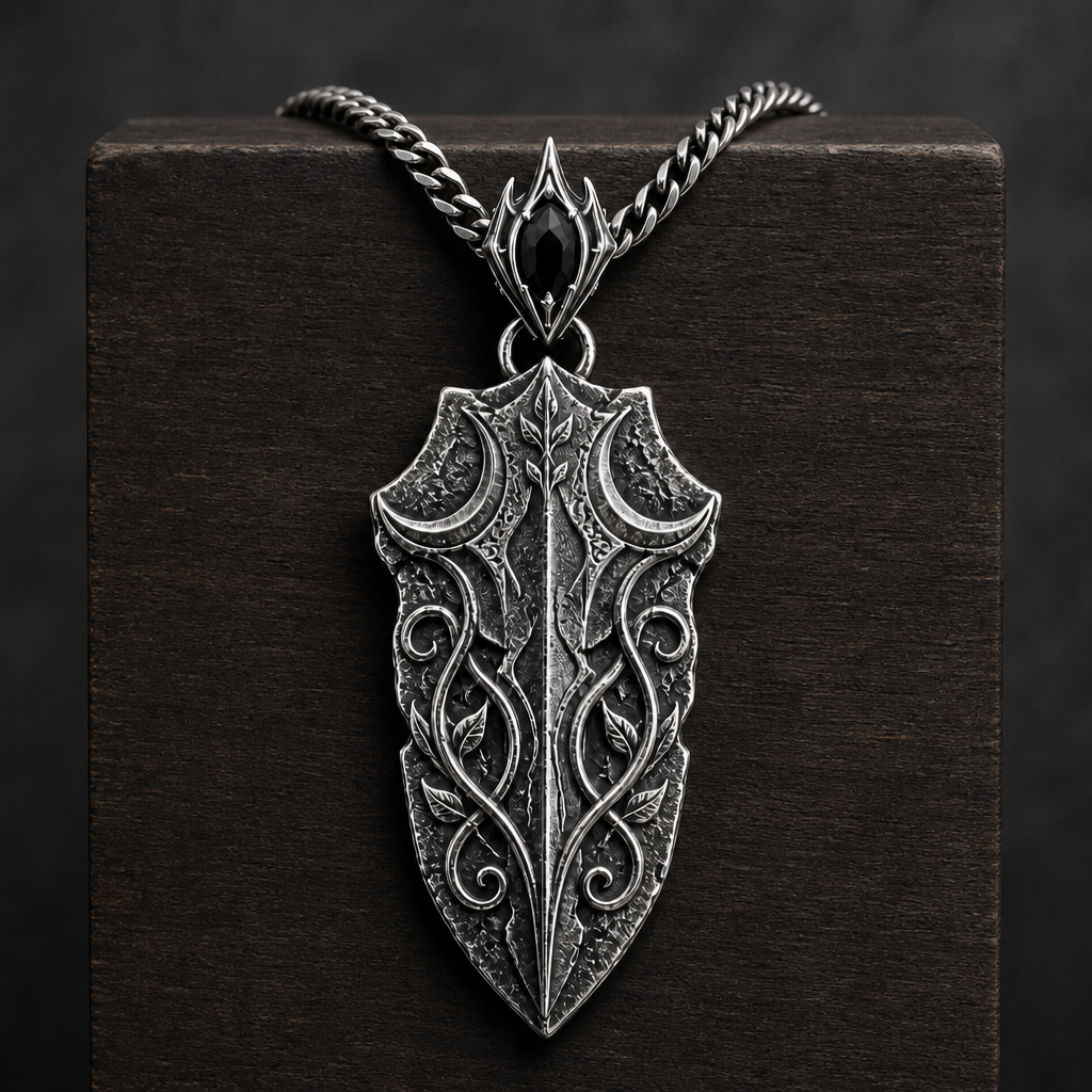 Oxidized 925 sterling silver pendant necklace with a blade-shaped relic pendant, crescent moon details, raised vine engraving, decorative bail and curb chain on a black background.