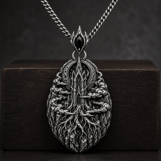 Oxidized 925 sterling silver pendant necklace with a pointed moonspire relief, root-like lower forms, drifting fog bands, and curb chain on a dark background.
