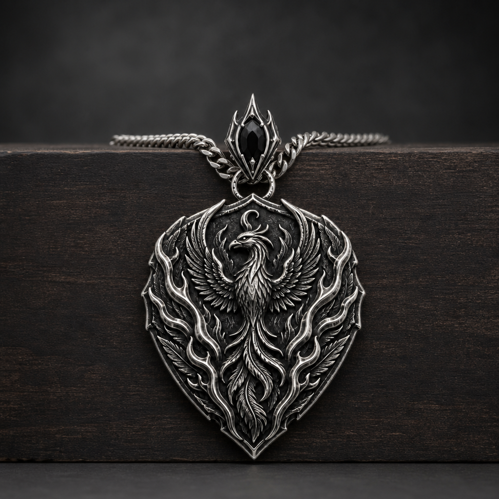 Oxidized 925 sterling silver pendant necklace with a phoenix crest, flame relief, shield outline, dark antique recesses and included curb chain on a black background.