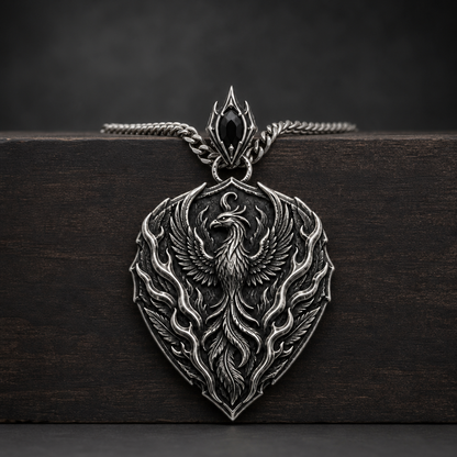 Oxidized 925 sterling silver pendant necklace with a phoenix crest, flame relief, shield outline, dark antique recesses and included curb chain on a black background.
