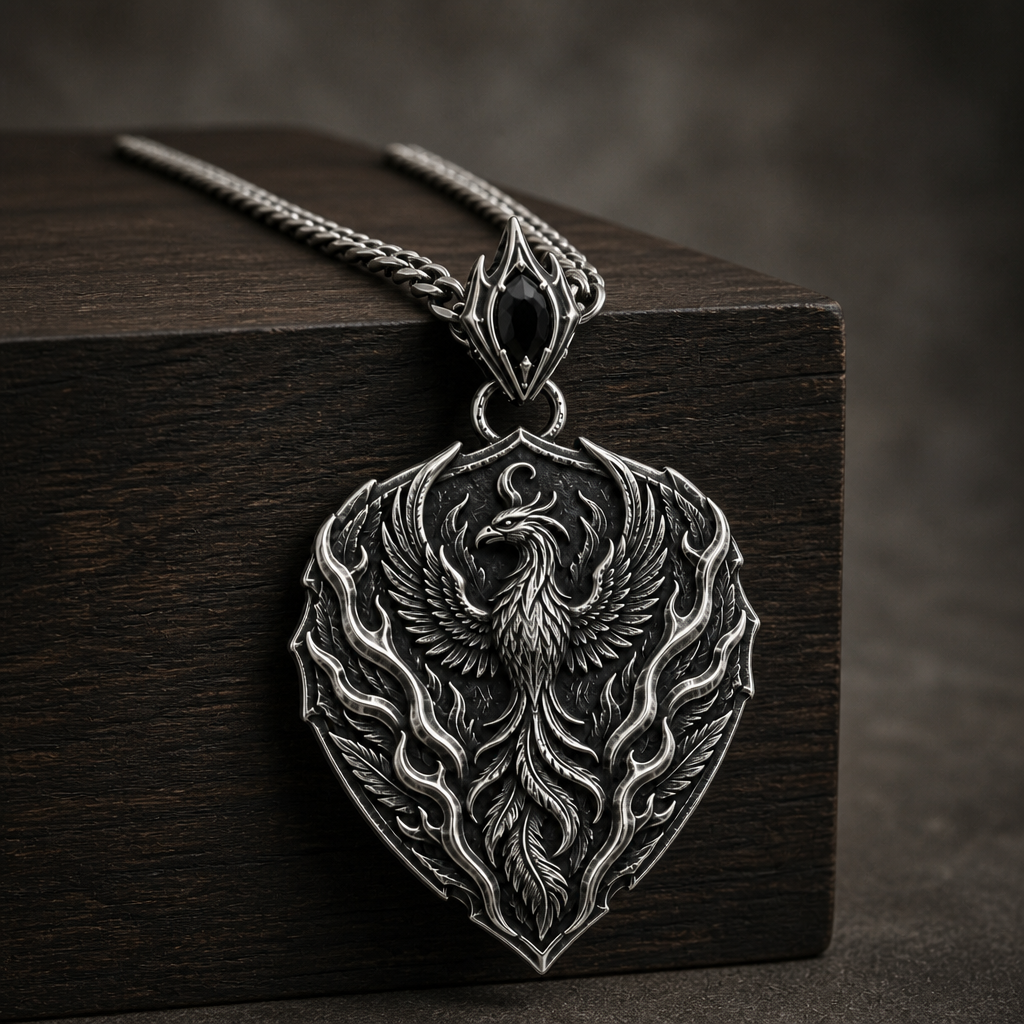 Oxidized 925 sterling silver pendant necklace with a phoenix crest, flame relief, shield outline, dark antique recesses and included curb chain on a black background.