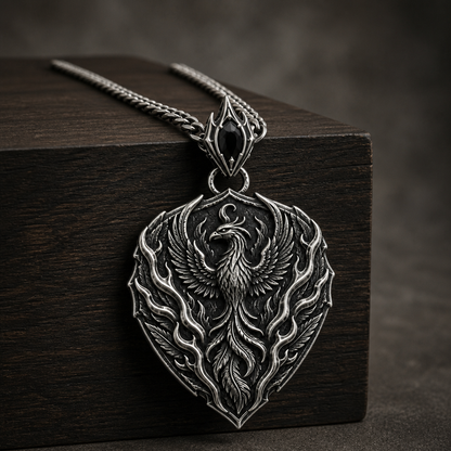 Oxidized 925 sterling silver pendant necklace with a phoenix crest, flame relief, shield outline, dark antique recesses and included curb chain on a black background.