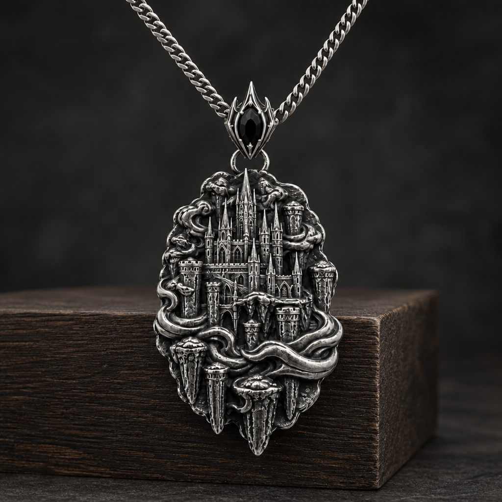Oxidized 925 sterling silver pendant necklace showing a raised fantasy sky fortress with spired towers, floating pillars and flowing cloud forms on a curb chain.