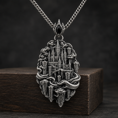 Oxidized 925 sterling silver pendant necklace showing a raised fantasy sky fortress with spired towers, floating pillars and flowing cloud forms on a curb chain.