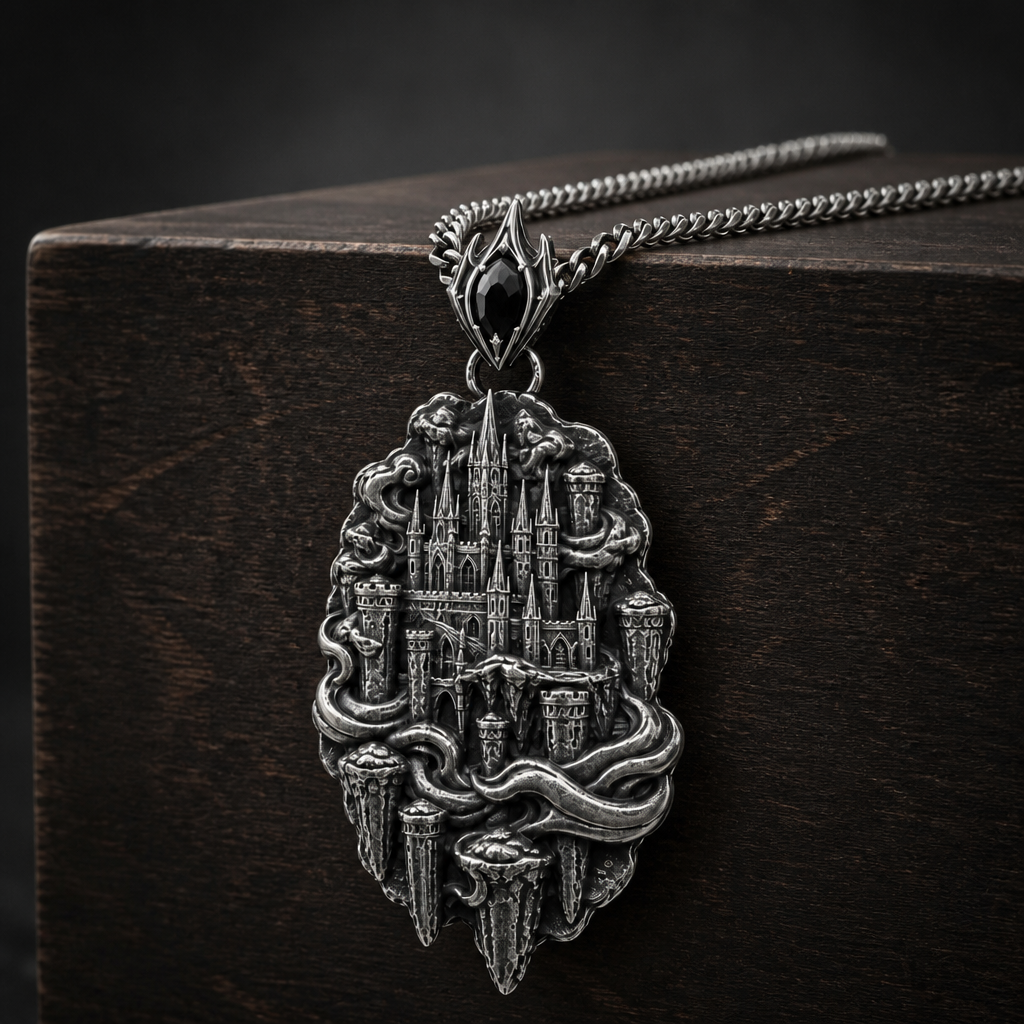 Oxidized 925 sterling silver pendant necklace showing a raised fantasy sky fortress with spired towers, floating pillars and flowing cloud forms on a curb chain.
