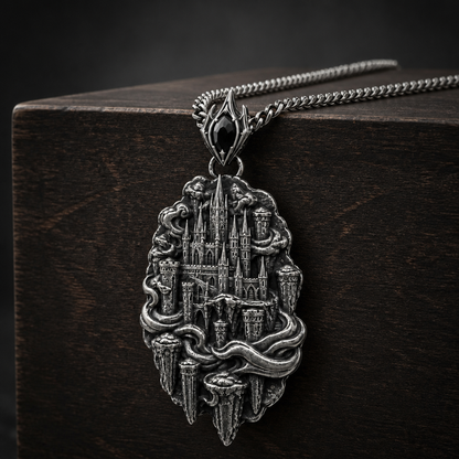 Oxidized 925 sterling silver pendant necklace showing a raised fantasy sky fortress with spired towers, floating pillars and flowing cloud forms on a curb chain.
