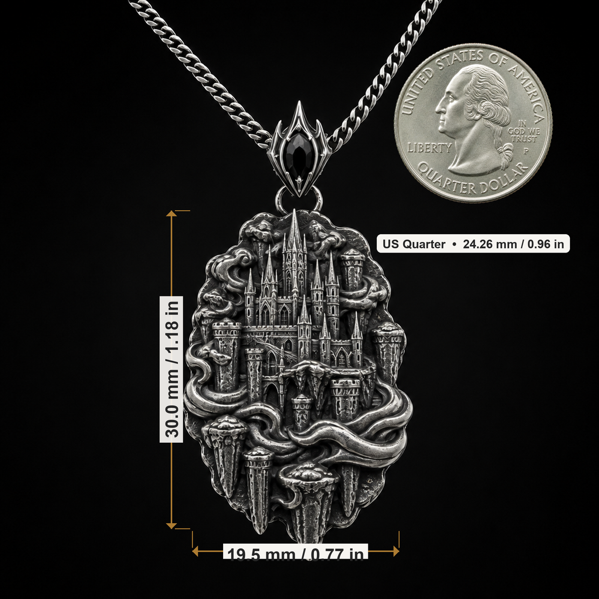 Oxidized 925 sterling silver pendant necklace showing a raised fantasy sky fortress with spired towers, floating pillars and flowing cloud forms on a curb chain.