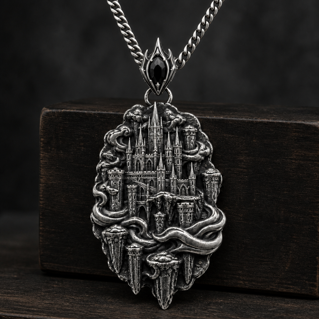Oxidized 925 sterling silver pendant necklace showing a raised fantasy sky fortress with spired towers, floating pillars and flowing cloud forms on a curb chain.