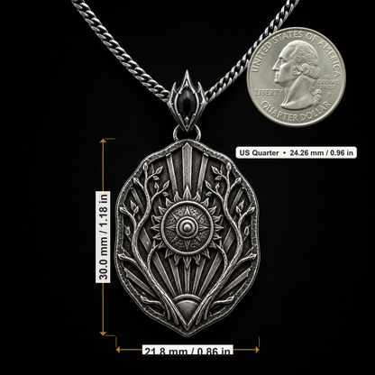 Oxidized 925 sterling silver pendant necklace with raised sun medallion, branching relief, dawn ray details, shield-shaped frame and curb chain on a dark background.