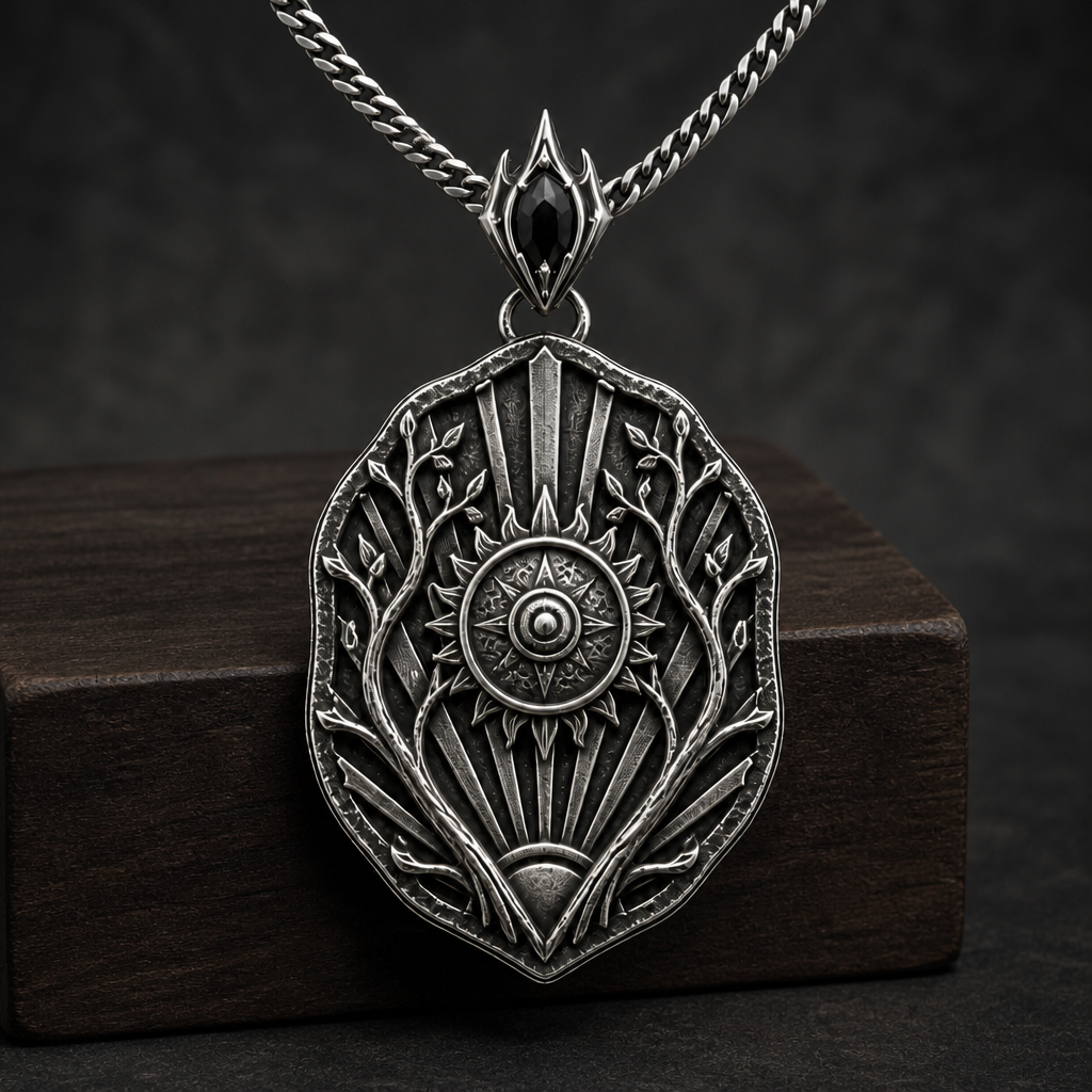 Oxidized 925 sterling silver pendant necklace with raised sun medallion, branching relief, dawn ray details, shield-shaped frame and curb chain on a dark background.