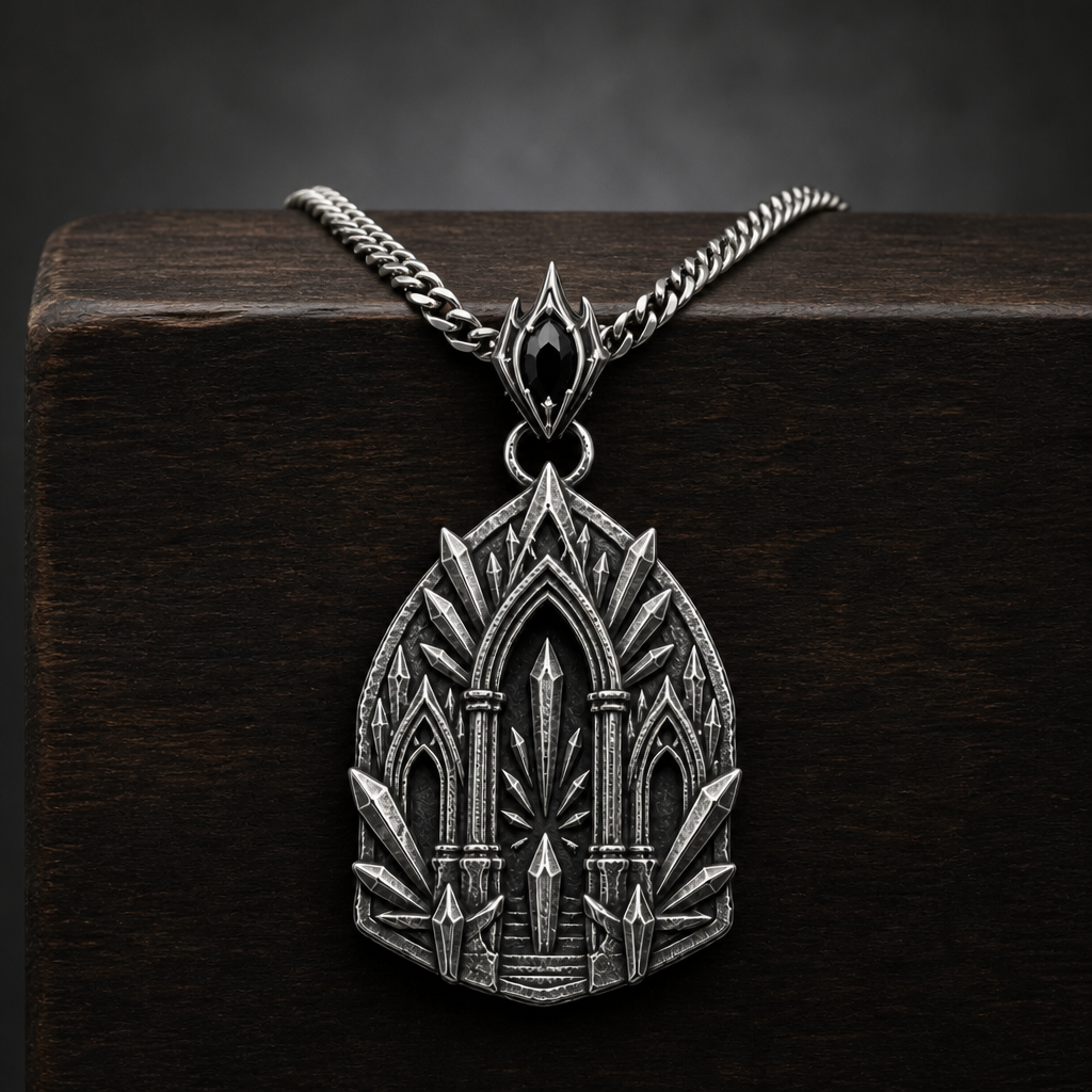 Oxidized 925 sterling silver pendant necklace with a sacred arch temple relief, raised shard-like silver details, round connector and curb chain on a black background.